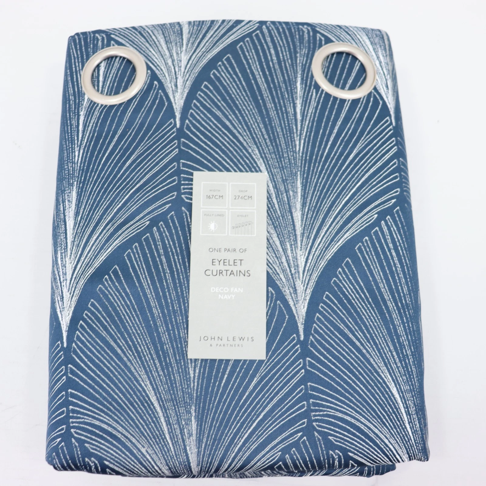 John Lewis Deco Fan Lined Eyelet Curtains Navy W167cm D274cm