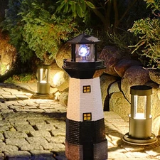 11'' Solar Powered Lighthouse Garden Light Solar Lighthouse Statue with Spinn...