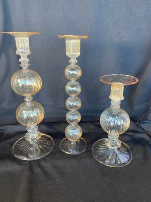3 Vintage VENETIAN MURANO Warm Amber Optic Swirl & Ball CANDLESTICK HOLDERS