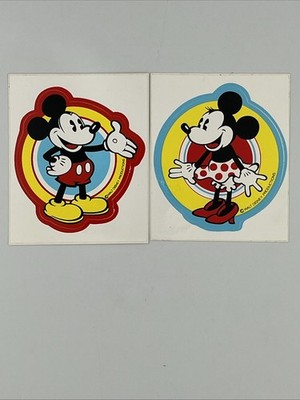 Vintage 1980s Walt Disney Productions Mickey & Minnie Mouse Stickers Decals Pair