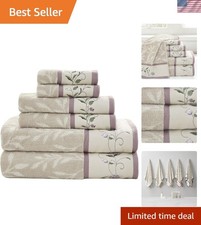 Serene Embroidered Cotton Towel Set - 6-Piece Floral Jacquard, Machine Washable