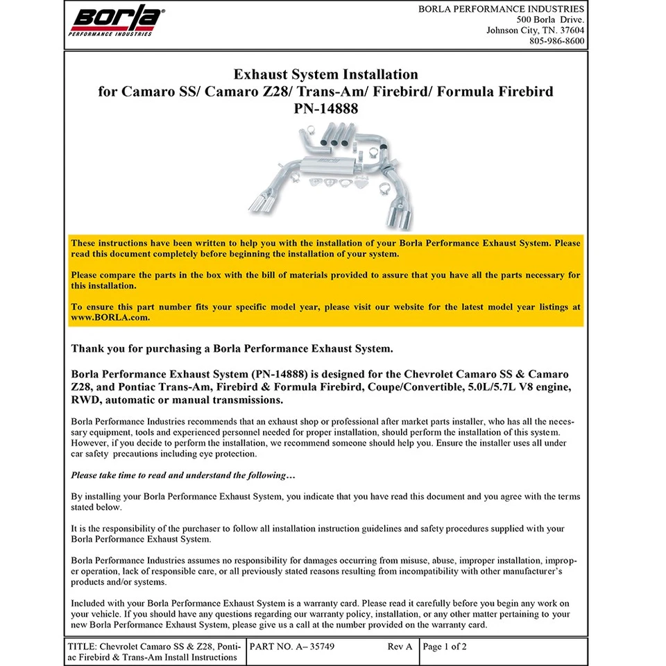 Borla 14888 Cat Back Exhaust Kit for 1984-92 Camaro SS Z28 Firebird 5.0L 5.7L V8 - Image 3 of 4