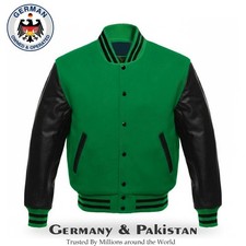 Green & Black Varsity Letterman Wool Body Leather Sleeves Baseball Bomber Jacket