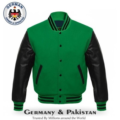 Green & Black Varsity Letterman Wool Body Leather Sleeves Baseball Bomber Jacket
