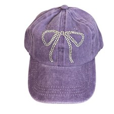 Womens Hat Baseball Cap Bow Rhinestone Purple Cotton Denim Adjustable Cute