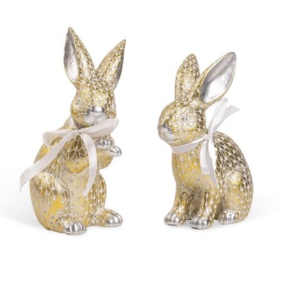 Set of 2 Easter Bunny Figurines, Gold Silver Texture Resin Rabbit Statue Tabl...