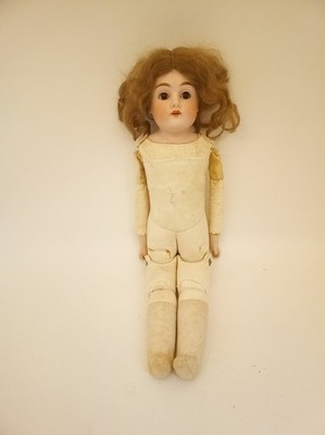 Antique kid leather body doll jointed bisque eyes open close teeth German 17''