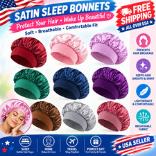 Women Satin Bonnet Night Sleep Cap Hair Hat Silk Head Cover Wide Elastic Band
