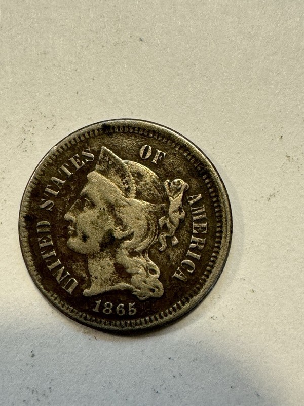 Rare 1865 Nickel Three Cent Piece  (First Year of Production)  F-VF