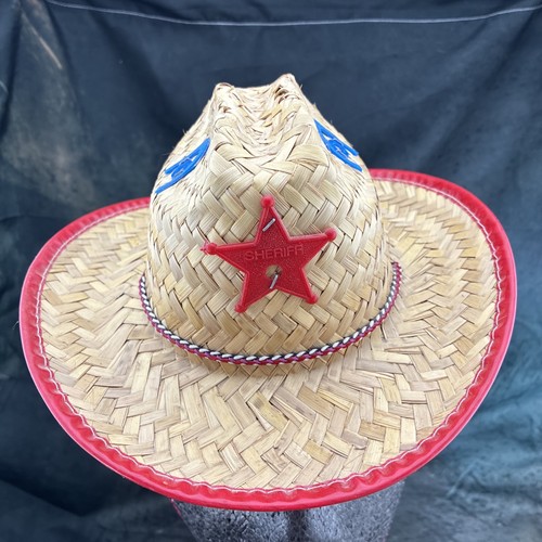 VTG Children's Western Straw Cowboy/girl Red Sheriff Star Blue Horse Rodeo Hat
