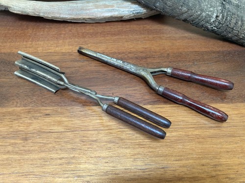 Vintage Antique Hair Crimper and Curling Iron With Wooden Handles