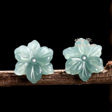 Grade A Natural Green Jade Jadeite Gemstone Carved Flower Silver Stud Earrings