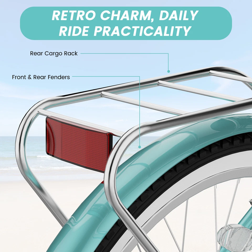 Beach Cruiser Bike for Women Men, 24 26 inch Womens Bike with Rack 7-Speed - Image 4 of 4