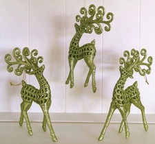 Three Green Glitter Reindeer Christmas Ornaments Hang or Stand Decorations