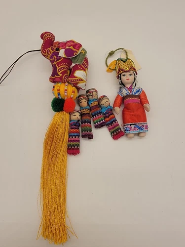 4” Folk Doll in Traditional Dress Little Dolls And Elephant 