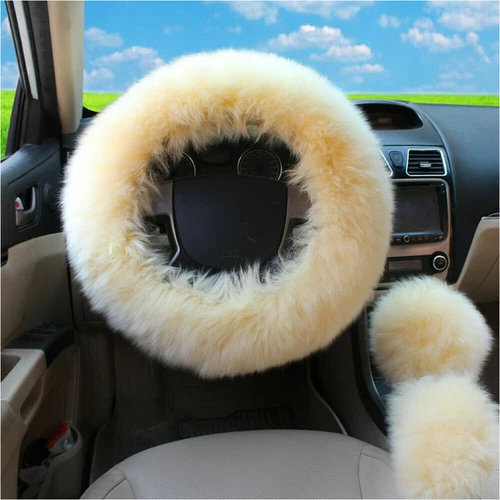 Cubierta de volante difusa de felpa universal para automóvil 3 piezas perilla de piel de lana freno de palanca de cambios - Imagen 25 de 28