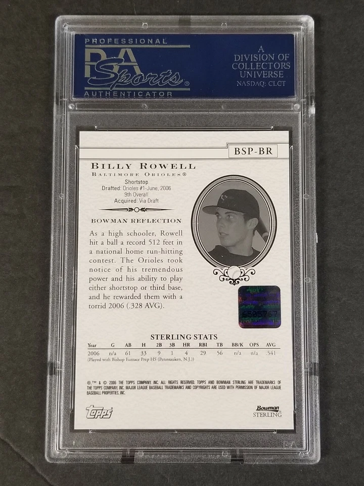2006 BOWMAN STERLING PROSPECT AUTO BILLY ROWELL #BSP-BR PSA 10 GEM MINT M4 DS - Image 2 of 2