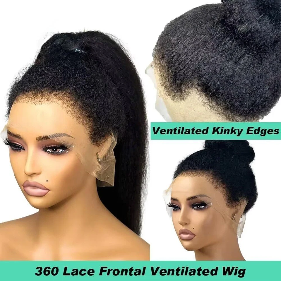 Kinky Straight 360 Lace Front Wig Human Hair Brazilian Hair Pre Plucked 180% - Image 3 of 4