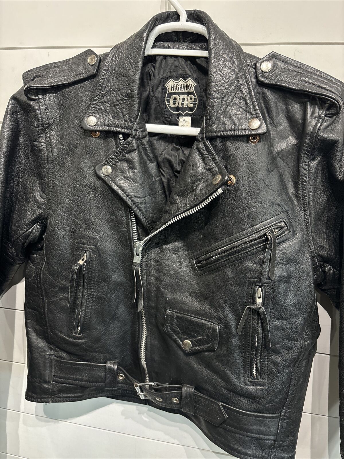 Vtg Full Zip Black Leather Motorcycle Cafe Racer … - image 2