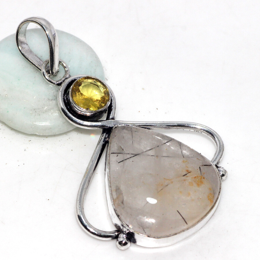 Natural Black Rutile Citrine Gemstone Pendant Handmade 2 Inch Jewelry JW