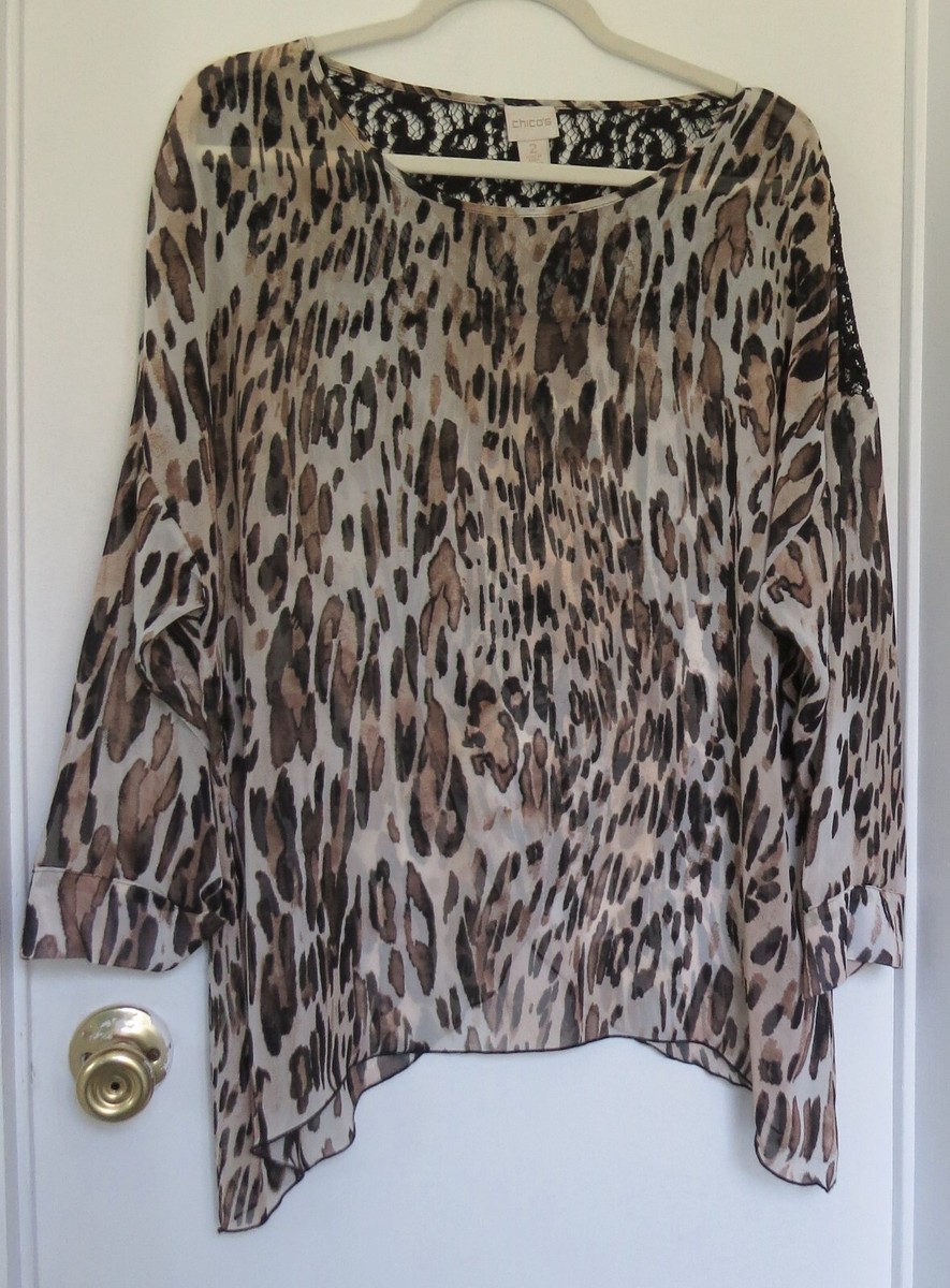 CHICO'S Womens Black Tan Leopard Pattern Lace Sheer Top Size 2 Medium (12) #99