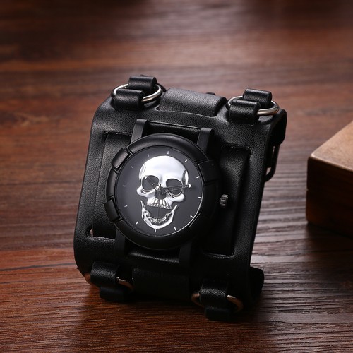 Mens Gothic Skull Decor Quartz Wrist Watch Punk Biker Wide Geniune Leather Strap - Picture 6 of 6