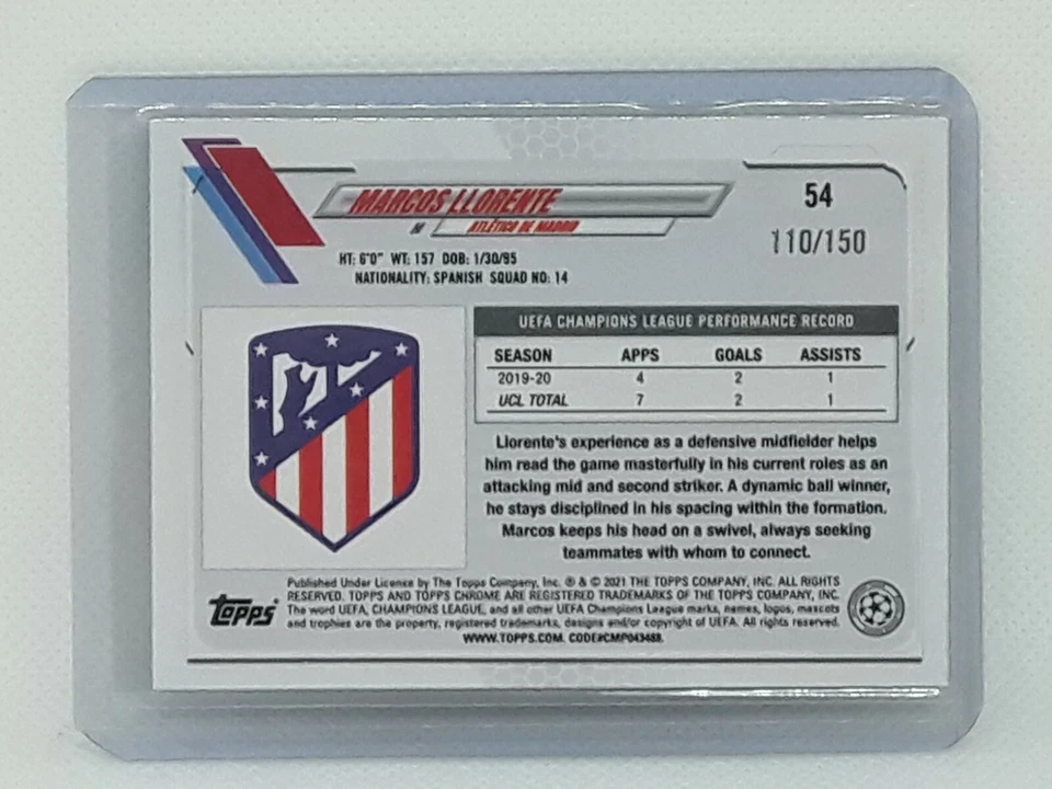 Marcos Llorente 2020-21 Topps Chrome UEFA UCL BLUE REFRACTOR (110/150) Atletico - Image 2 of 2