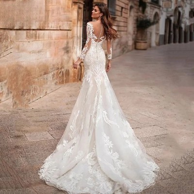 Custom V-Neck Mermaid Wedding Long Sleeve Lace Appliques Bride Gown Backless HOT