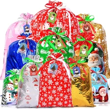 16Pcs Christmas Drawstring Gift Bags with Tags, 5 Assorted Size Xmas Gift Wrappi