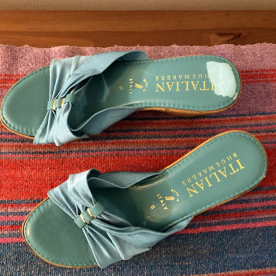 Vintage Italian Shoemakers Wedge Sandals Size 8 Blue Fabric Cork 90s Y2K  - Image 3 of 4