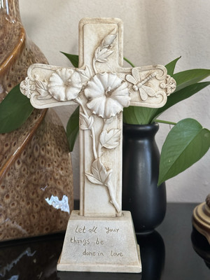 White Ceramic Stand Alone Cross Figurine With Flowers Let All Be Done In Love