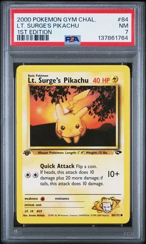 2000 POKEMON GYM CHALLENGE 1ST ED #84 LT. SURGE'S PIKACHU PSA 7