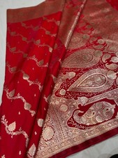 Premium Banarasi Katan Silk Saree Red Aada Jaal Zari Buti Woven Pallu Blouse