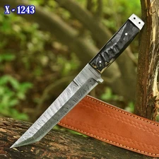 Custom Forged Damascus Steel Fix Blade Japanese Tanto Knife Ram Horn Handle