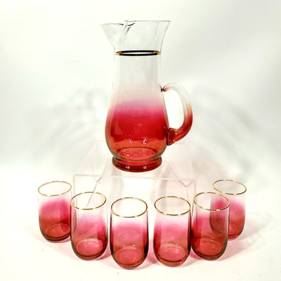 Vintage Blendo Rose Glow 7-Piece Beverage Set Ruby Flash 9'' Pitcher & 6 Glasses