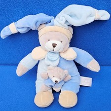 DOUDOU ET COMPAGNIE BÄR MIT BABY STOFFTIER SPIELUHR BLAU 25 CM ZIPFELMÜTZE