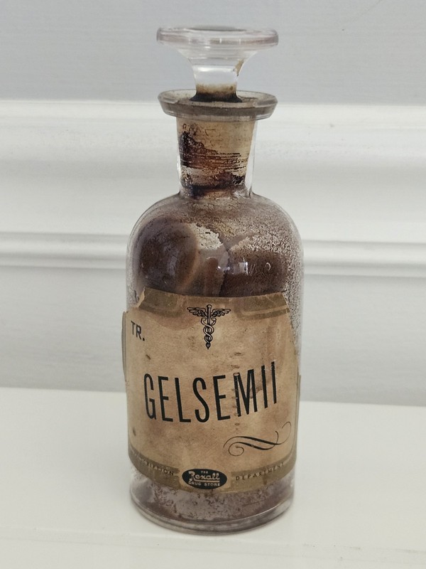 Antique Rexall Apothecary Bottle – Gelsemii Pharmacy Jar w/ Glass Stopper