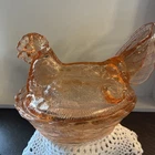 Pink Amber Depression Style Glass Hen on Nest Chicken Candy Dish, Vintage Style