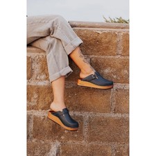 Kebba Black Leather Platform Clogs Buckle Mule Wooden Wedge Made in Chile 39