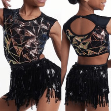 Weissman Dance costume black flapper fringe sequin dress Sueltate 16304 SA adult