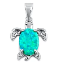 Green Opal Filigree Sea Turtle Pendant Necklace Solid Sterling Silver