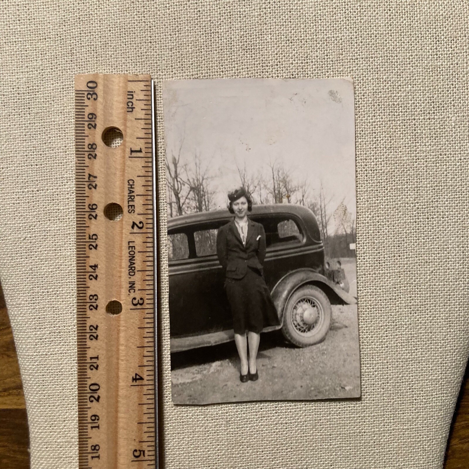 Vintage Photo Woman in Dress With Classic Car Black & White 2.5" x 4.25"