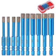 10 Piece Diamond Drill Bit Set, Tile Hole Saw Kit with 1/4" Hex Shank, Sizes 3/1