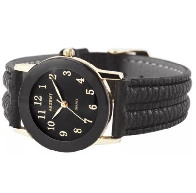 Damenuhr Schwarz Gold Echtes Leder Armbanduhr Quarz U432