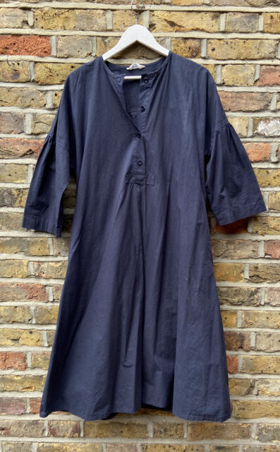 TOAST Navy Blue Cotton Button Up Shirt Midi Dress w Fluted Sleeves size 12