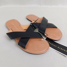 Charles Albert Criss-Cross Wide Strap Flat Slide Sandals Black, 7/8 Medium #2846