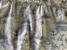 Nautical Coastal Beach Cottage Valance With Sailboats, Maps, Ocean, Blue, Cream