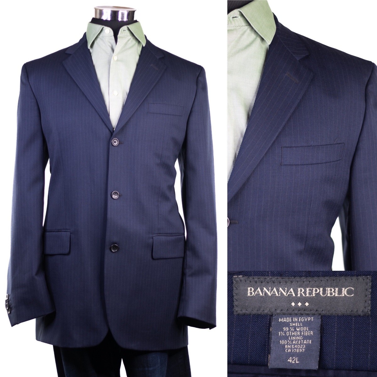 Banana Republic Mens Wool Blazer Jacket Sport Coat Blue Striped SZ 42L  **MINT**