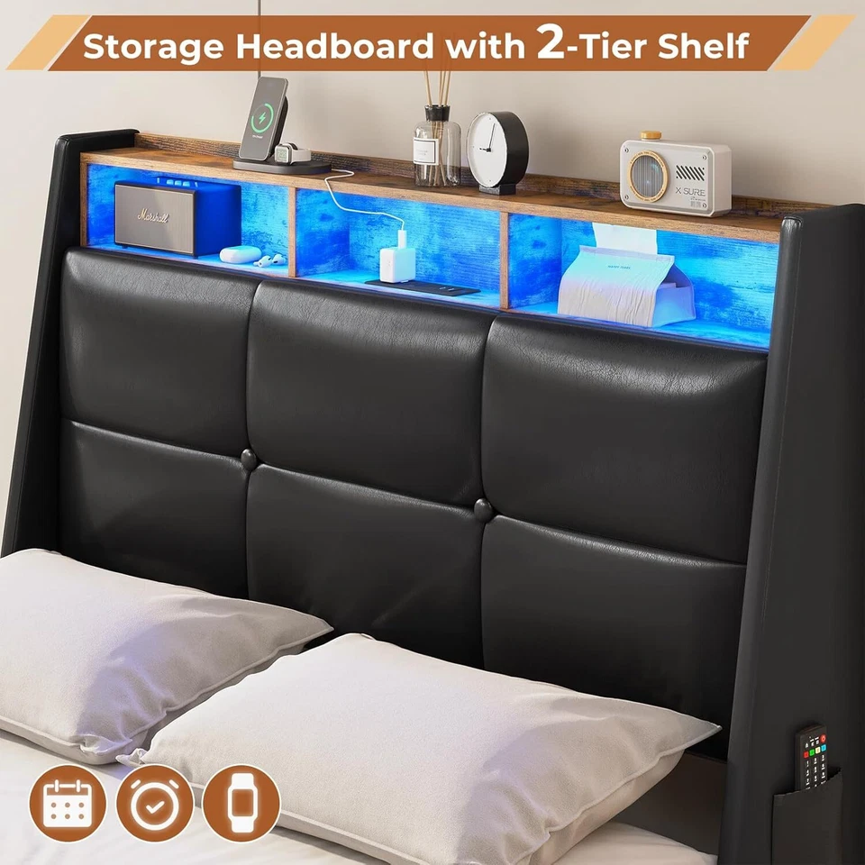 Twin Size Bed Frame with 4 Storage Drawers & Headboard LED Upholstered Bed Black - Image 3 of 4