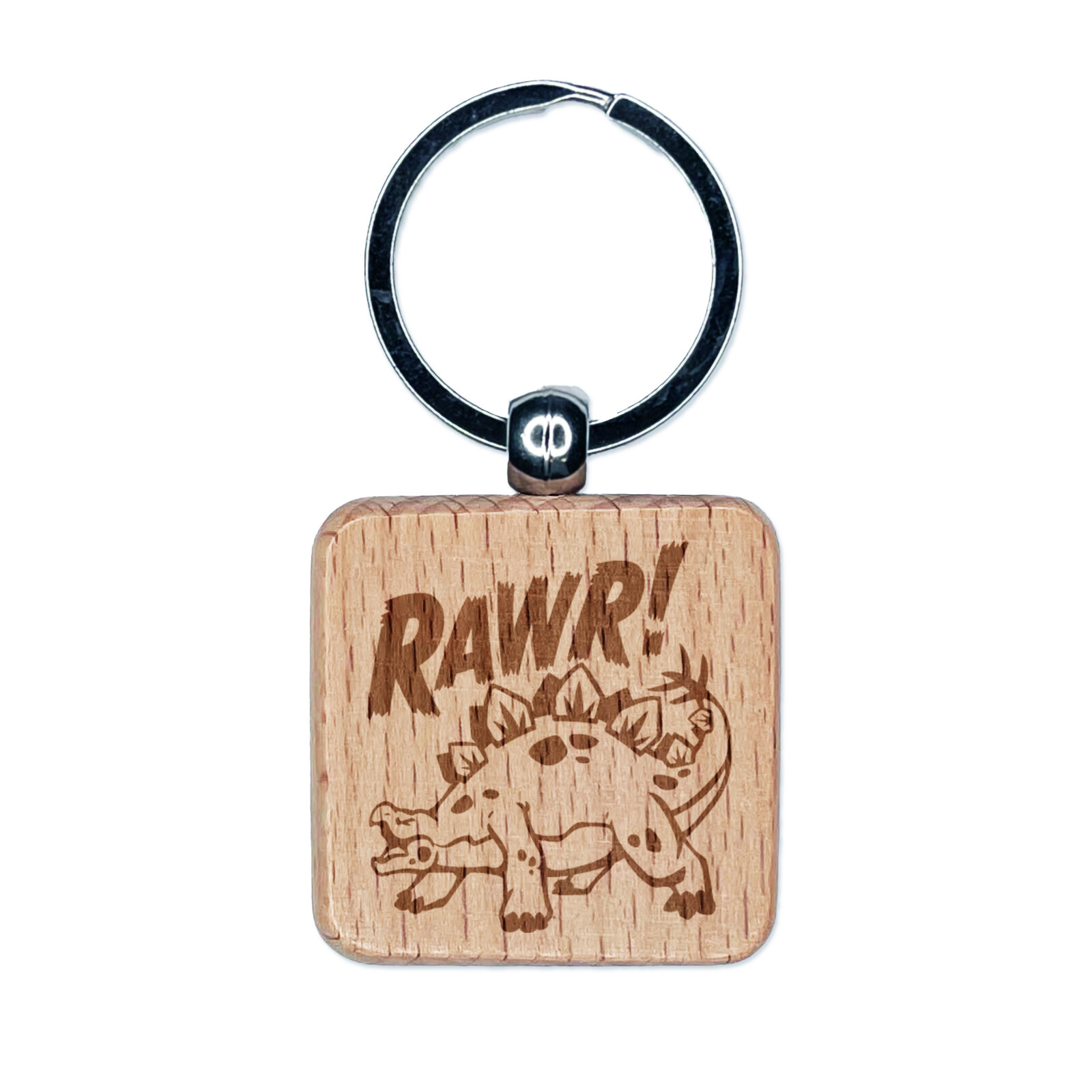 Stegosaurus Rawr Roar Dinosaur Engraved Wood Square Keychain Tag Charm